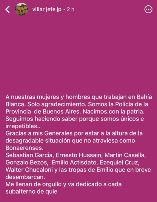 Mensaje de Javier Carlos Villar.  Comisario General. Jefe de Policia de La Provincia de Buenos Aires.